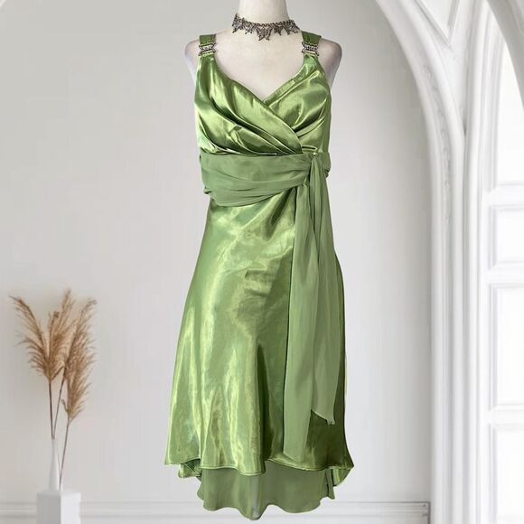 Juliet Ethereal Fairy Green Satin Mesh Asymmetric Frilly Layered Midi Dress L - Picture 1 of 7
